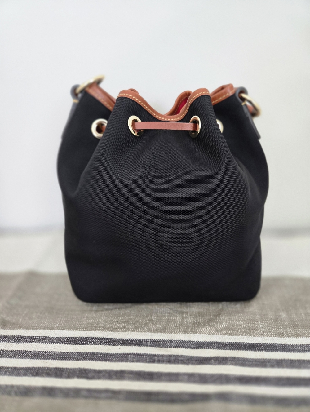 Dooney & Bourke Black Nylon Bucket Bag with Brown Trim and Tassels - Picture 8 of 16
